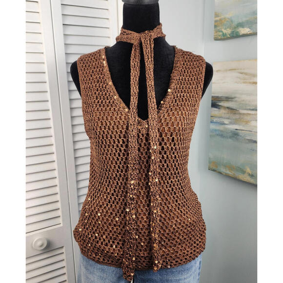 Maurice Sasson Shell Tank L Brown Crochet Knit Sequin Convertible Scarf Boho 70s - Picture 1 of 9